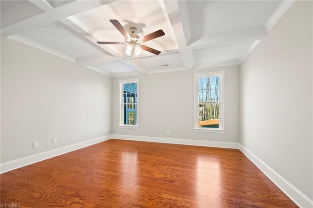 unfurnished room featuring beamed ceiling, coffered ceiling, wood finished floors, and baseboards