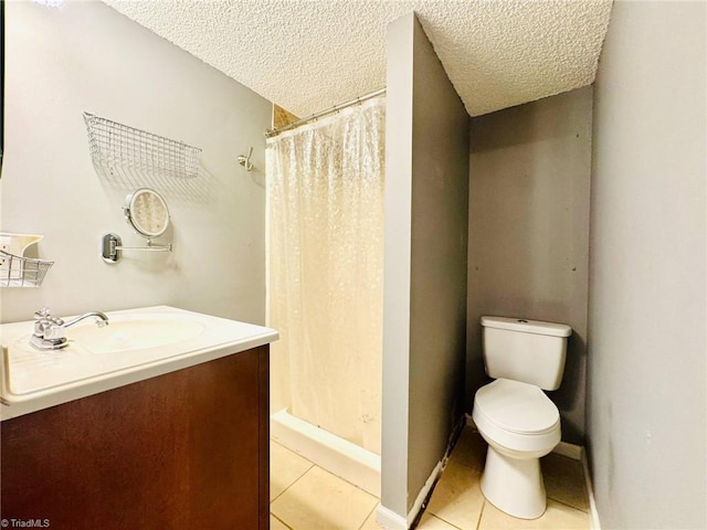 full bath featuring tile patterned floors, a textured ceiling, toilet, curtained shower, and vanity