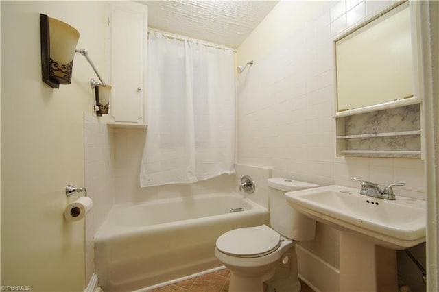 bathroom featuring decorative backsplash, shower / bathtub combination with curtain, tile walls, toilet, and tile patterned flooring