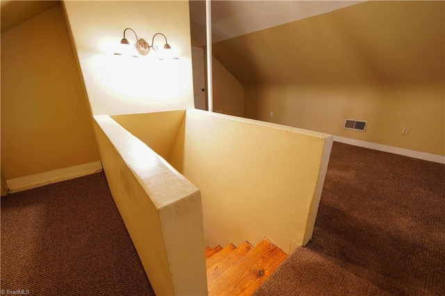 stairway with lofted ceiling and carpet floors