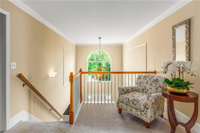 3116 Lodge Dr, Jamestown, NC 27282 - living area with an upstairs landing, carpet flooring, and crown molding