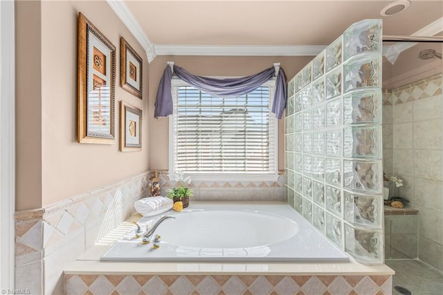 3116 Lodge Dr, Jamestown, NC 27282 - full bath with a garden tub, ornamental molding, and a tile shower