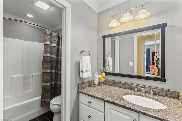 3116 Lodge Dr, Jamestown, NC 27282 - bathroom with crown molding, vanity, toilet, tile patterned floors, and shower / bath combination with curtain
