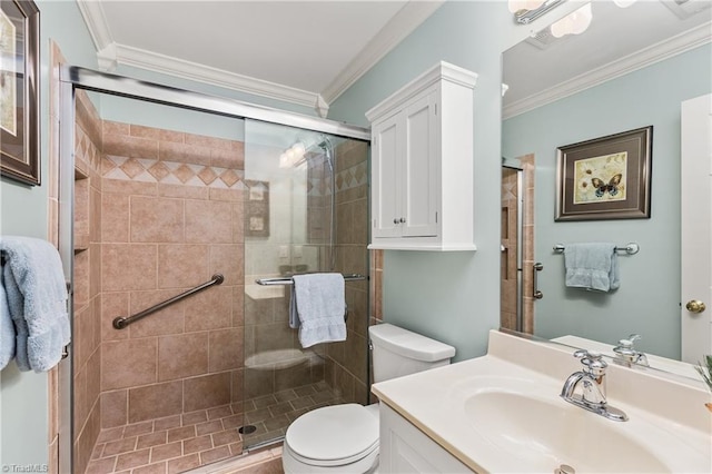 3116 Lodge Dr, Jamestown, NC 27282 - bathroom featuring vanity, toilet, ornamental molding, and a shower stall