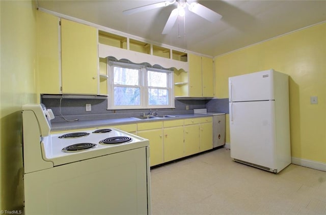 kitchen with white appliances, a ceiling fan, open shelves, and a sink