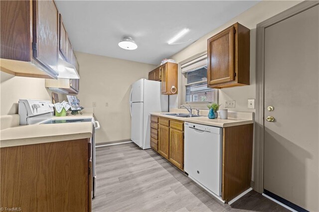 kitchen with light hardwood / wood-style floors, white appliances, and sink