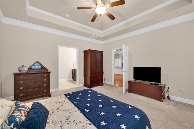 bedroom featuring connected bathroom, ceiling fan, light carpet, and crown molding