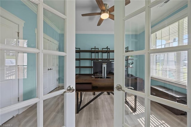 7615 Mary Ellen Ct, Greensboro, NC 27409 - office space featuring wood finished floors, ceiling fan, ornamental molding, and french doors