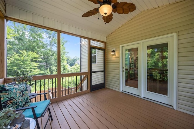7615 Mary Ellen Ct, Greensboro, NC 27409 - unfurnished sunroom featuring ceiling fan, lofted ceiling, and plenty of natural light