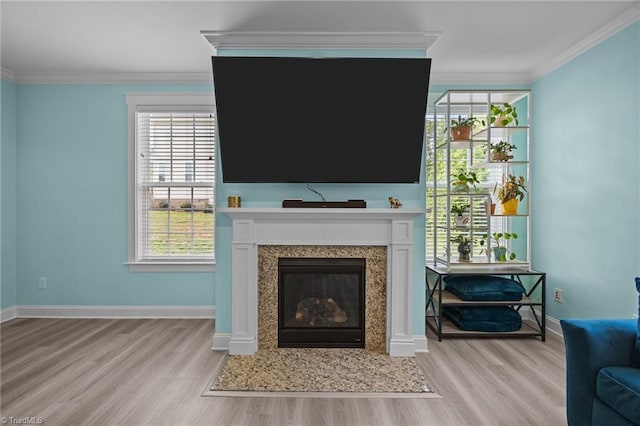7615 Mary Ellen Ct, Greensboro, NC 27409 - living room featuring light wood-style floors, crown molding, a high end fireplace, and healthy amount of natural light