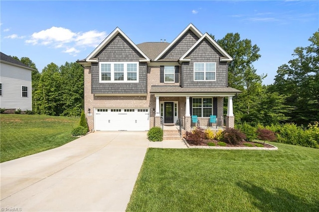 7615 Mary Ellen Ct, Greensboro, NC 27409 - craftsman house with a porch, concrete driveway, a front lawn, and a garage