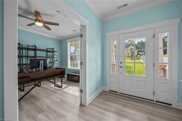 7615 Mary Ellen Ct, Greensboro, NC 27409 - entrance foyer featuring crown molding, light wood-style floors, and ceiling fan