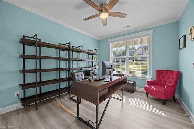 7615 Mary Ellen Ct, Greensboro, NC 27409 - home office featuring wood finished floors, crown molding, and a ceiling fan