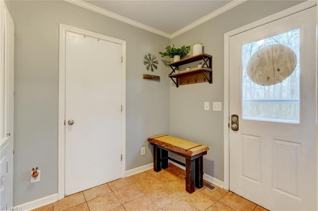 interior space featuring light tile patterned floors, baseboards, and crown molding