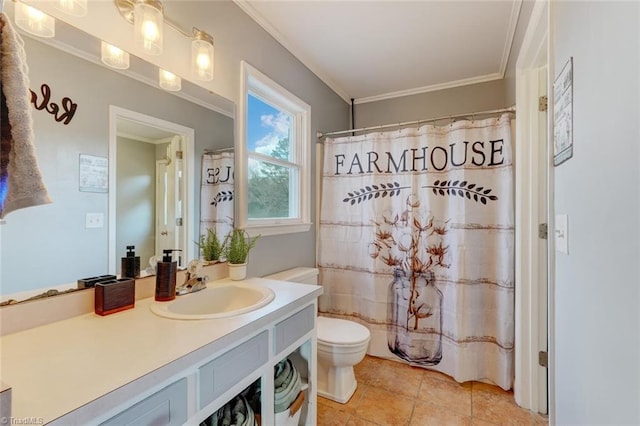 bathroom featuring tile patterned flooring, toilet, a shower with shower curtain, vanity, and crown molding