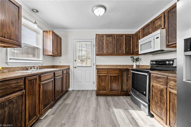 kitchen with appliances with stainless steel finishes, plenty of natural light, crown molding, and light hardwood / wood-style flooring