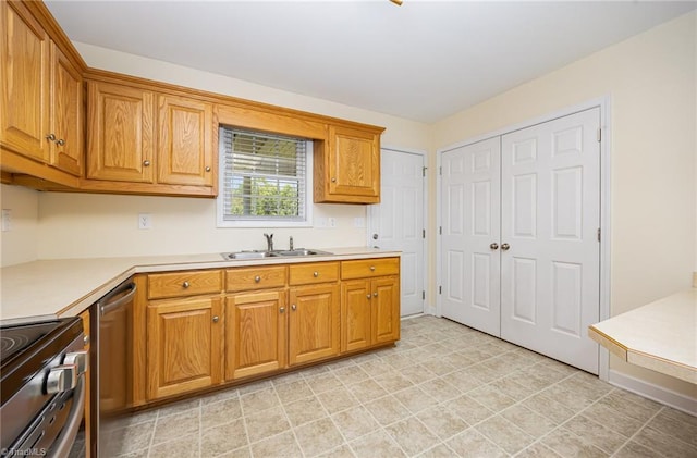 711 Sunset Ave Unit B, Asheboro, NC 27203 - kitchen with a sink, range with electric stovetop, dishwasher, light countertops, and brown cabinets