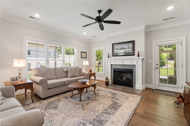 1623 Angus Ridge Dr, Kernersville, NC 27284 - living room featuring hardwood / wood-style flooring, plenty of natural light, ceiling fan, a fireplace, and ornamental molding