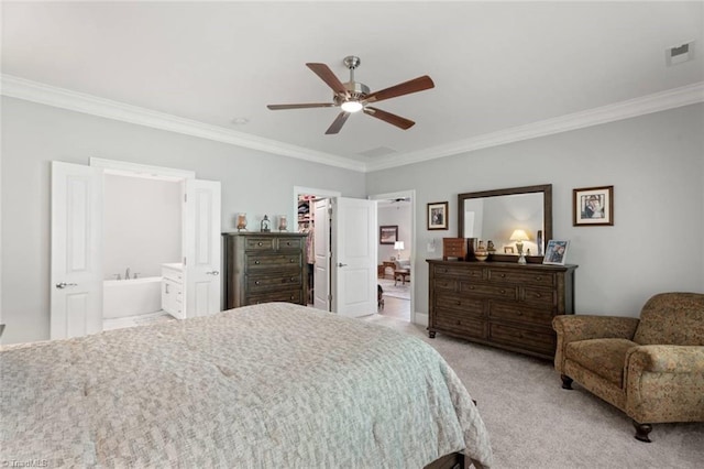 1623 Angus Ridge Dr, Kernersville, NC 27284 - bedroom featuring crown molding, light colored carpet, a walk in closet, ensuite bathroom, and ceiling fan