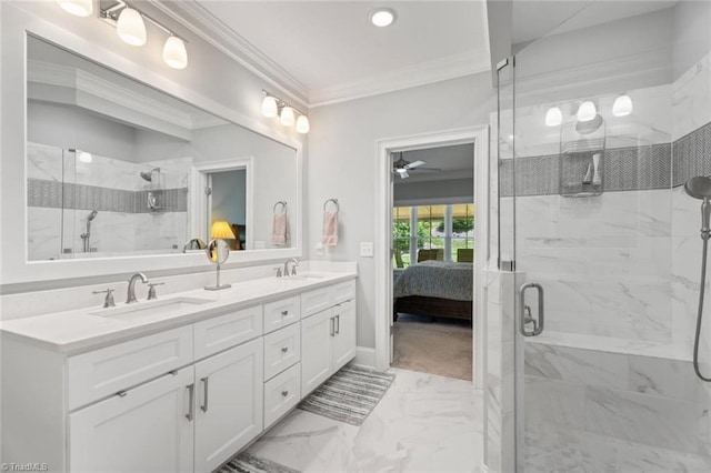 1623 Angus Ridge Dr, Kernersville, NC 27284 - ensuite bathroom featuring crown molding, double vanity, marble finish floors, a marble finish shower, and a ceiling fan
