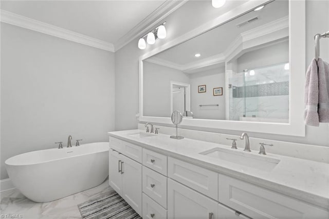 1623 Angus Ridge Dr, Kernersville, NC 27284 - full bathroom with a marble finish shower, double vanity, a freestanding tub, marble finish floors, and ornamental molding