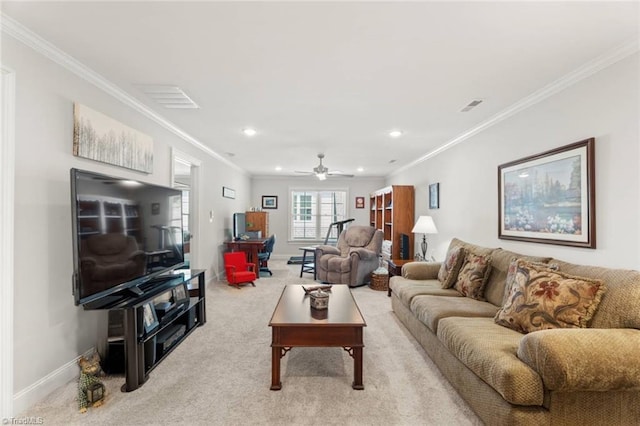 1623 Angus Ridge Dr, Kernersville, NC 27284 - living area featuring ornamental molding, light carpet, recessed lighting, and ceiling fan