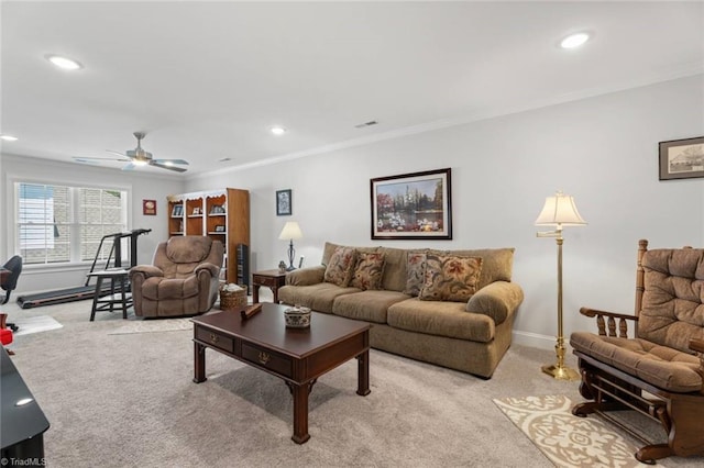 1623 Angus Ridge Dr, Kernersville, NC 27284 - living area with light colored carpet, ornamental molding, recessed lighting, and a ceiling fan