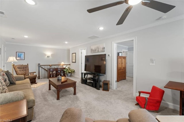 1623 Angus Ridge Dr, Kernersville, NC 27284 - living room featuring ornamental molding, ceiling fan, carpet floors, and recessed lighting