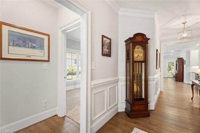 1623 Angus Ridge Dr, Kernersville, NC 27284 - hall with healthy amount of natural light, ornamental molding, wood finished floors, and a wainscoted wall