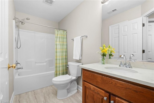 full bathroom featuring vanity, toilet, and shower / bathtub combination with curtain