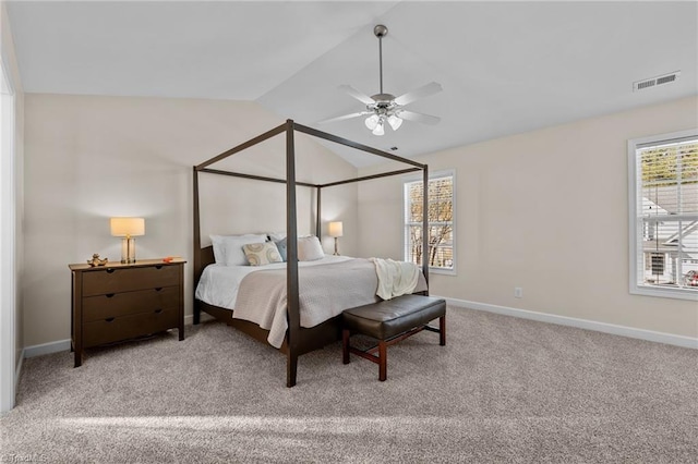 bedroom featuring carpet flooring, ceiling fan, and lofted ceiling