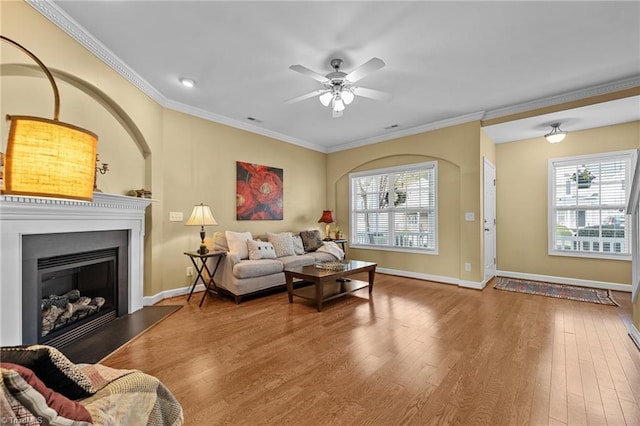 living room featuring ceiling fan, ornamental molding, and hardwood / wood-style flooring