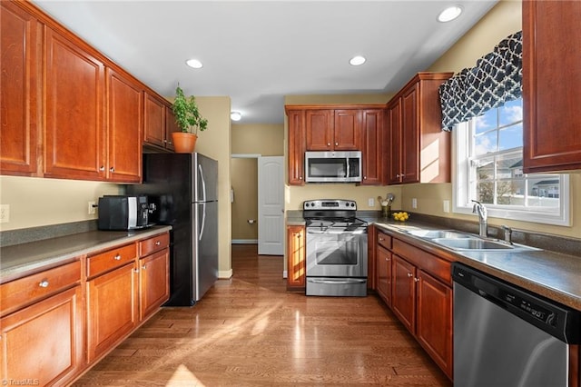 kitchen with wood-type flooring, sink, and appliances with stainless steel finishes