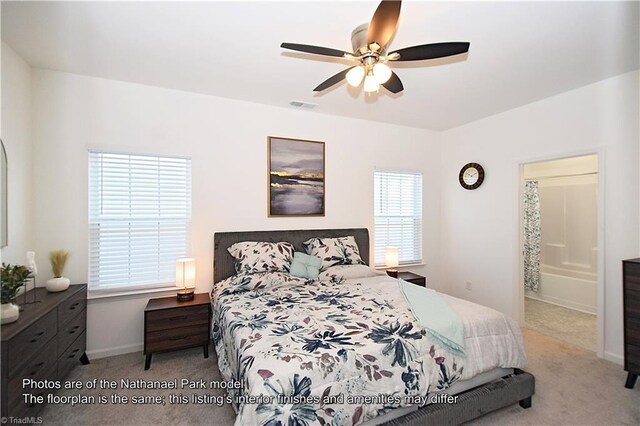 bedroom featuring visible vents, baseboards, ceiling fan, connected bathroom, and carpet flooring