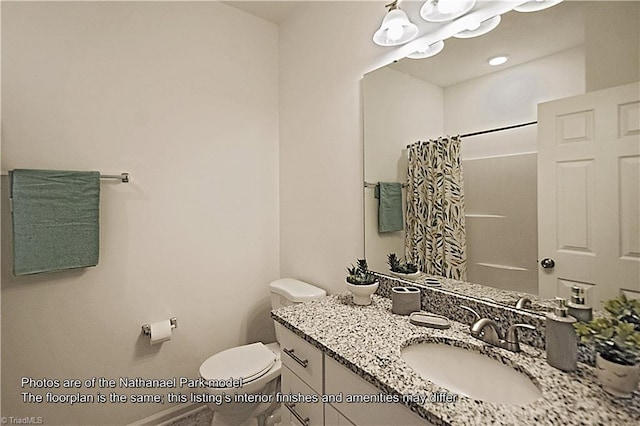 full bathroom featuring toilet, curtained shower, and vanity