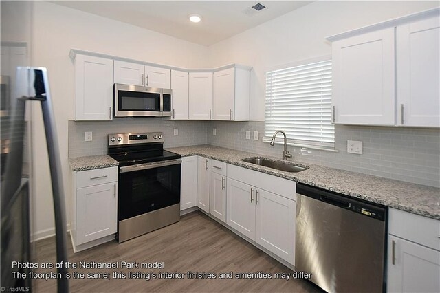 kitchen featuring a sink, decorative backsplash, white cabinets, and stainless steel appliances