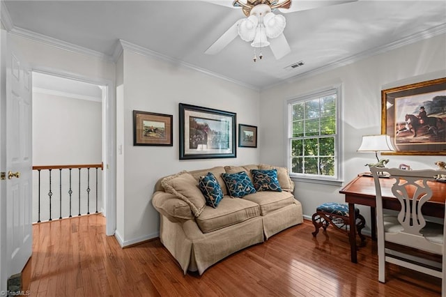 1005 Stuart Dr, Mebane, NC 27302 - living area with baseboards, a ceiling fan, hardwood / wood-style flooring, and visible vents