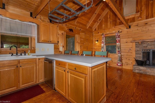 158 Cottontail Ln, North Wilkesboro, NC 28659 - kitchen with wood ceiling, dishwasher, a peninsula, dark wood-type flooring, and wooden walls