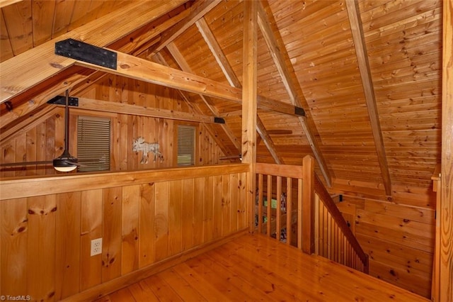 158 Cottontail Ln, North Wilkesboro, NC 28659 - hallway with wood ceiling, wooden walls, hardwood / wood-style floors, and an upstairs landing