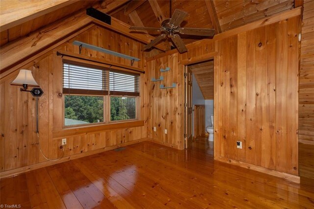 158 Cottontail Ln, North Wilkesboro, NC 28659 - empty room featuring wood walls, wood-type flooring, wooden ceiling, and ceiling fan