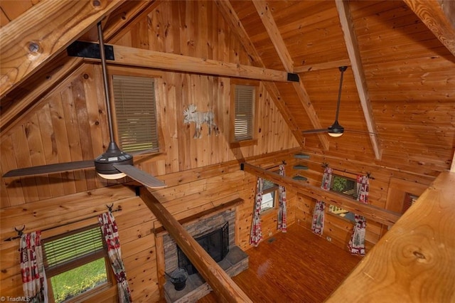 158 Cottontail Ln, North Wilkesboro, NC 28659 - unfurnished living room featuring wood walls, wood ceiling, a fireplace, and wood finished floors
