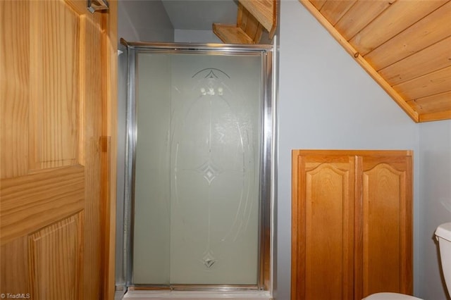 158 Cottontail Ln, North Wilkesboro, NC 28659 - bathroom with a shower stall, vaulted ceiling, and wood ceiling