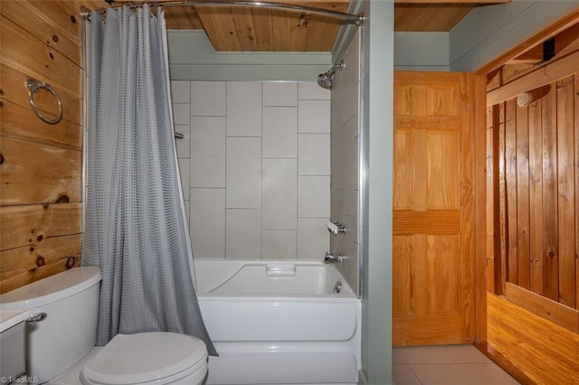 158 Cottontail Ln, North Wilkesboro, NC 28659 - bathroom featuring shower / bathtub combination with curtain, wood walls, wood ceiling, and tile patterned floors