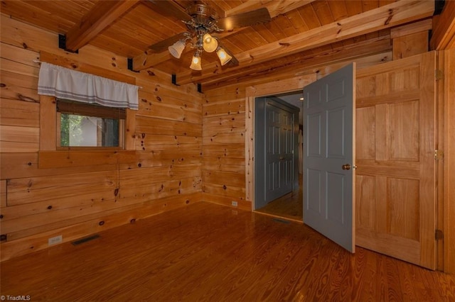 158 Cottontail Ln, North Wilkesboro, NC 28659 - empty room featuring a wood ceiling with exposed beams, wood finished floors, wood walls, and a ceiling fan