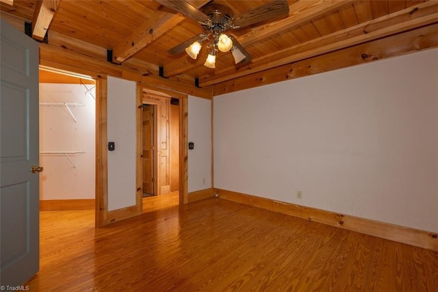 158 Cottontail Ln, North Wilkesboro, NC 28659 - empty room featuring a wood ceiling with exposed beams, light wood finished floors, and ceiling fan