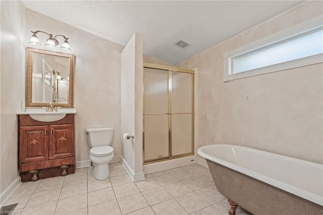 full bathroom with toilet, independent shower and bath, vanity with extensive cabinet space, and tile flooring