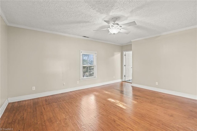 empty room with crown molding, a textured ceiling, ceiling fan, and light wood-type flooring