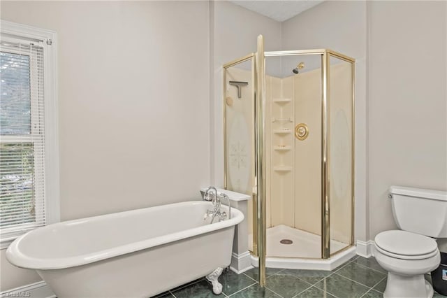 bathroom with shower with separate bathtub, tile floors, and toilet