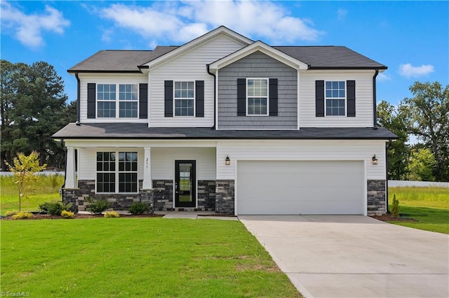 craftsman inspired home featuring a garage, a front yard, covered porch, and driveway