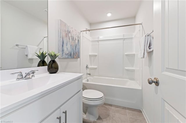 full bath featuring toilet, vanity,  shower combination, and tile patterned floors